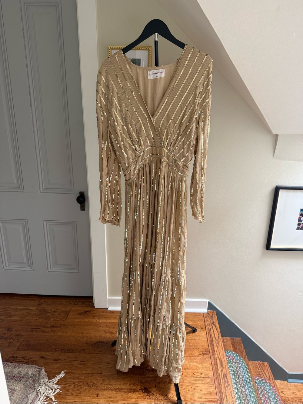 Sundress Gold/Tan Sequin-Striped Long Sleeve Evening Gown - Beige